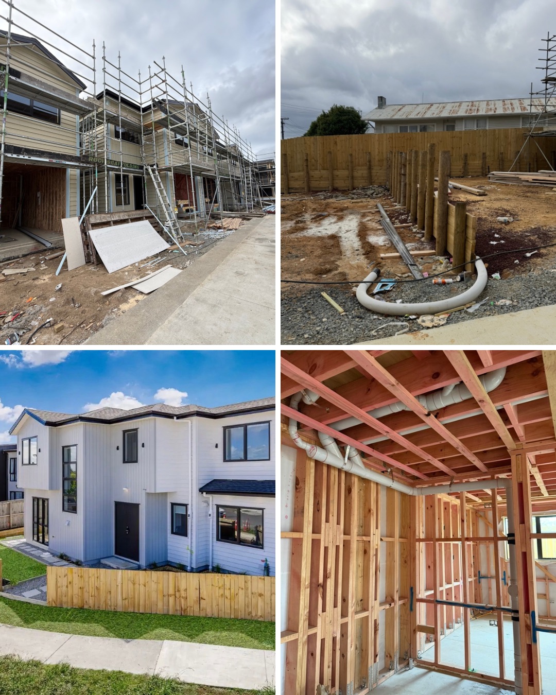 Collage of Nivas projects — scaffolded build, pile foundations, finished home, and interior framing
