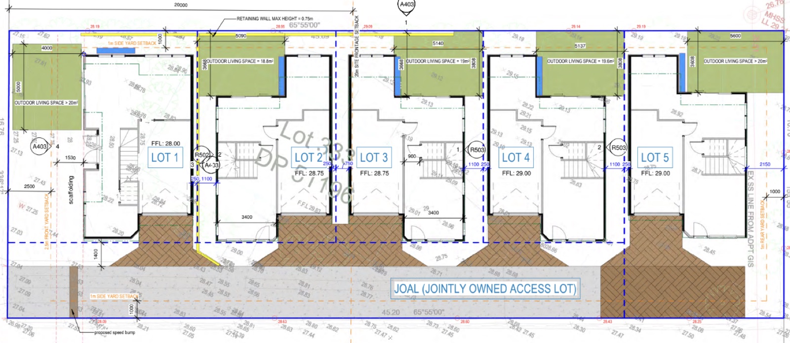 Site plan of a 5-lot subdivision showing lot boundaries, outdoor living spaces, setbacks, and the jointly-owned access lot