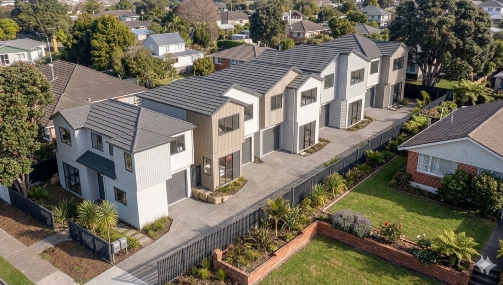 Aerial view of completed 5-lot subdivision at Eddowes Street, Manurewa